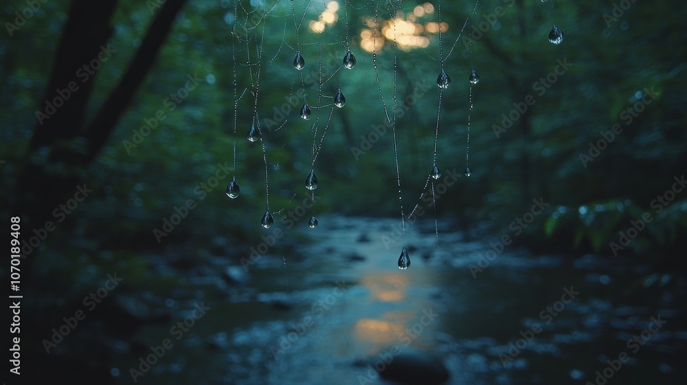 Water Droplets Hanging From a Spiderweb Water Droplets Hanging From a Spiderweb