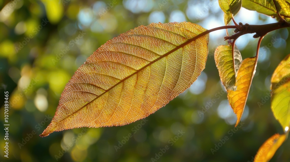 Obraz premium A single autumn leaf on a branch, backlit by the sun, with a blurred background of other leaves.
