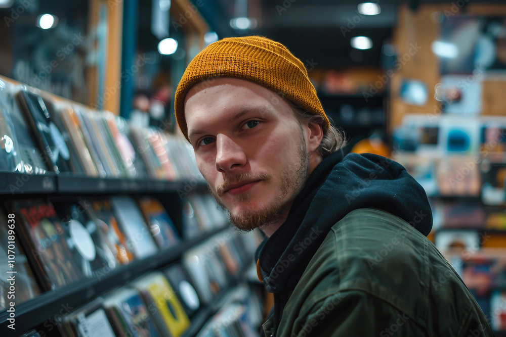 Person look vinyl records in retro music store, surrounded by various music genres classic CDs tapes vintage musical instruments, Generative AI Person look vinyl records in retro music store, surrounded by various music genres classic CDs tapes vintage musical instruments, Generative AI