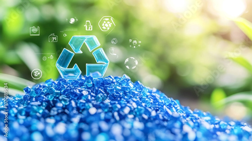 Recycling symbol above a pile of blue plastic pellets, representing sustainability, waste reduction, and eco-friendly practices in plastic recycling