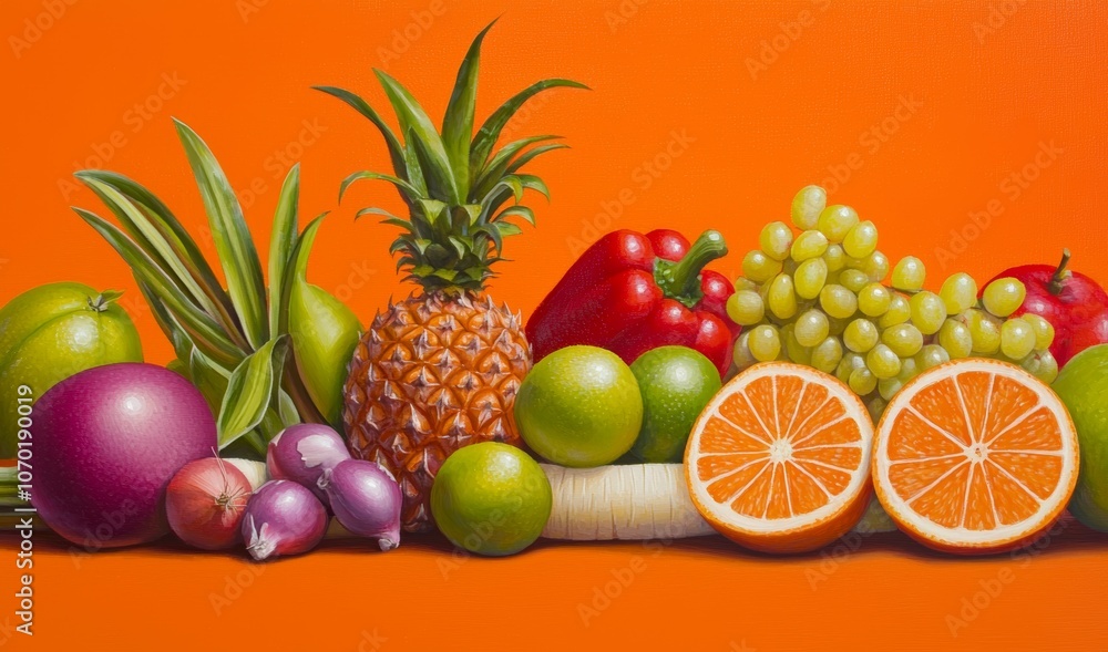 Bright, cheerful arrangement of tropical fruits and fresh vegetables against an orange background. Bright, cheerful arrangement of tropical fruits and fresh vegetables against an orange background.