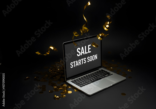SALE STARTS SOON - displayed on screen. The laptop is positioned on a dark, solid background covered with scattered gold confetti.