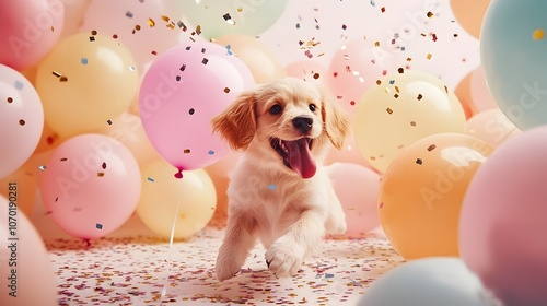 Cheerful puppy dog playing enthusiastically with pastel colored balloons and swirling confetti creating a lively and festive New Year s scene photo