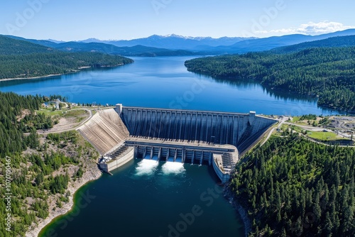 Aerial view of a hydro dam surrounded by lush greenery and a serene blue lake, showcasing nature's harmony.