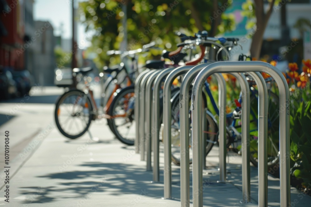 Metal bike rack casting shadows on the sidewalk on a sunny summer day Metal bike rack casting shadows on the sidewalk on a sunny summer day