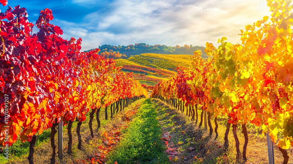 Naklejka premium vibrant autumn vineyard with rows of colorful grapevines, showcasing red, orange, and yellow leaves under bright sky. scene evokes sense of tranquility and beauty