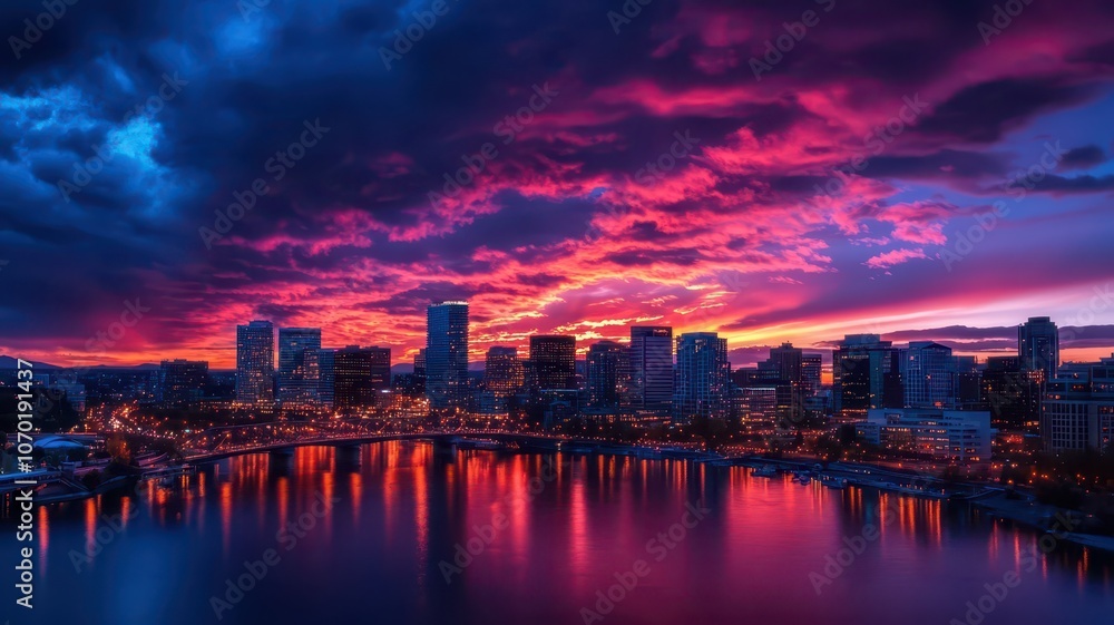 Stunning city skyline illuminated under a dramatic evening sky, showcasing urban beauty and vibrant colors. Stunning city skyline illuminated under a dramatic evening sky, showcasing urban beauty and vibrant colors.