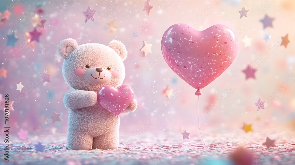 Fototapeta premium Adorable 3D cartoon teddy bear holding a pastel heart shaped balloon surrounded by sparkling stars and confetti in a whimsical dreamy pastel background Romantic playful