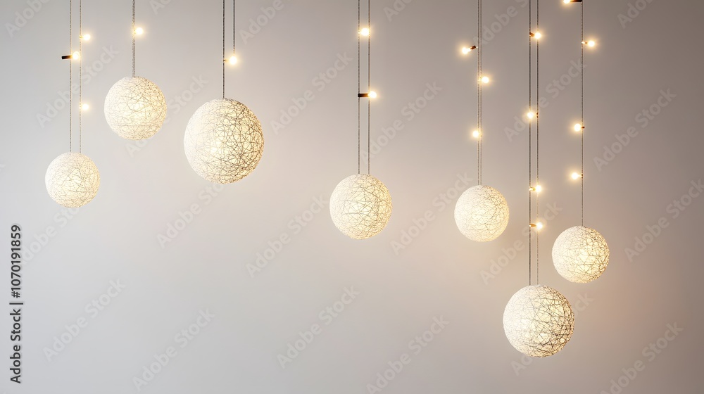 White String Sphere Lights Hanging from Ceiling with Warm Light Bulbs White String Sphere Lights Hanging from Ceiling with Warm Light Bulbs