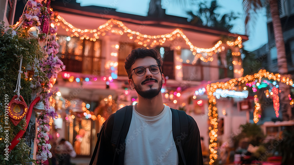 Stylish Man in Festive Urban Setting Stylish Man in Festive Urban Setting