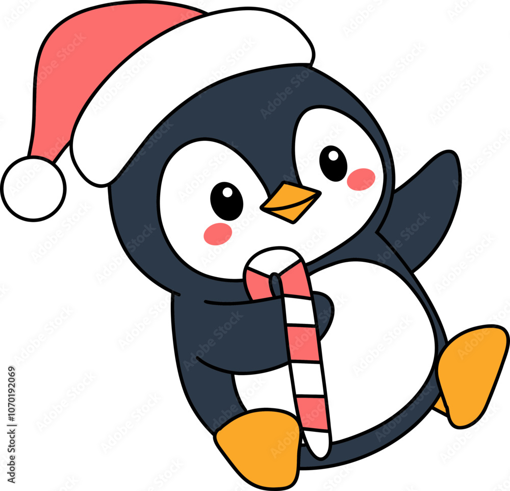 Cute Penguin in Santa Hat Holding Candy Cane Christmas Illustration Cute Penguin in Santa Hat Holding Candy Cane Christmas Illustration