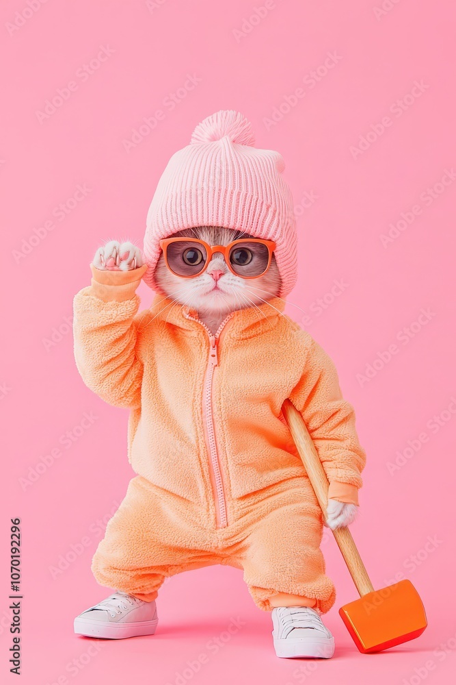 Kitten dressed as construction worker with toy hammer, isolated on clean background Kitten dressed as construction worker with toy hammer, isolated on clean background