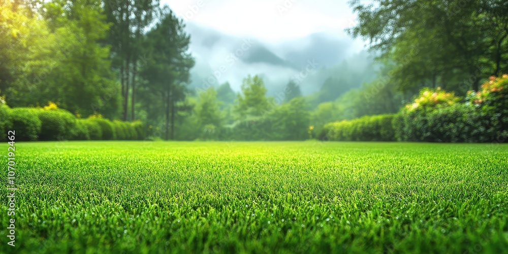 Lush Green Lawn in Serene Summer Landscape Lush Green Lawn in Serene Summer Landscape