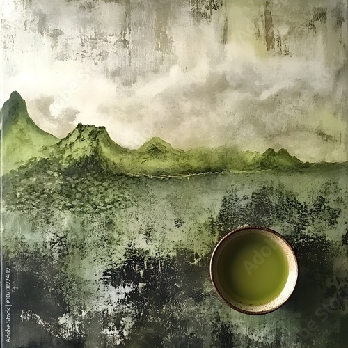 Tranquil Matcha Moment   Abstract landscape painting featuring a ceramic cup of traditional Japanese matcha tea set against a serene misty mountain backdrop with a minimalist textured feel