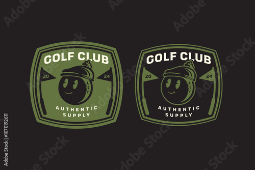 golf ball cartoon with hat and flag pole retro badge logo design set for golfer, golf club, professional team, sport and tournament. funny golf ball with cap and flag stick vintage emblem logo