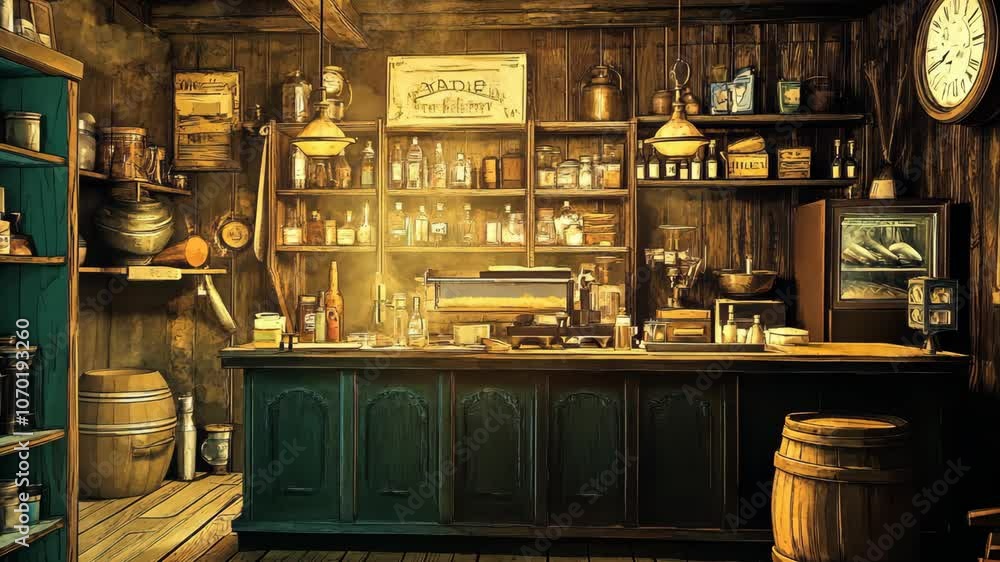 A rustic, old-fashioned general store with a wooden counter, shelves stocked with goods, and a barrel near the door A rustic, old-fashioned general store with a wooden counter, shelves stocked with goods, and a barrel near the door