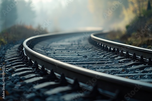 A train track is winding its way through a fogladen forest photo