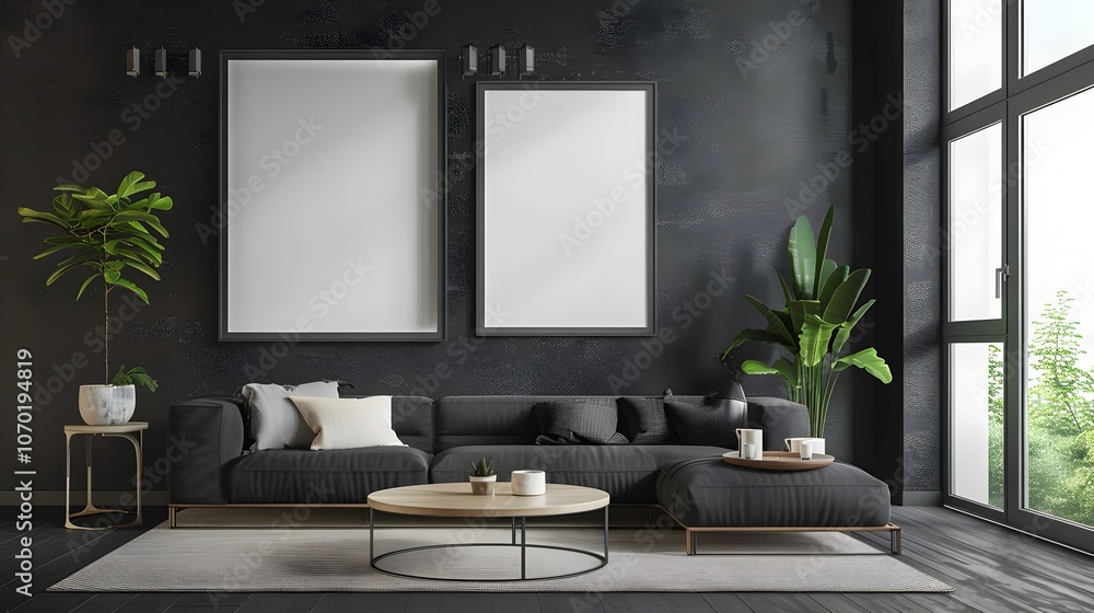 Fototapeta premium Sophisticated Black Wooden Living Room with Simple Decor and Clean Minimalist Interior