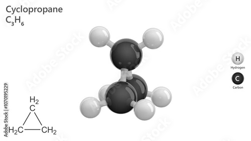 Cyclopropane. Anesthetic gas. Animated 3D model of a molecule. Molecular formula: C3H6. Chemical model: Ball and stick. White background. 3D rendering. Seamless loop. photo