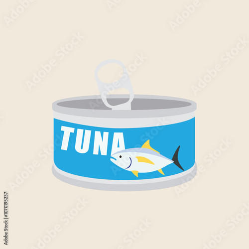 Canned tuna can with tuna fish isolated on white background. Seafood. Vector illustration