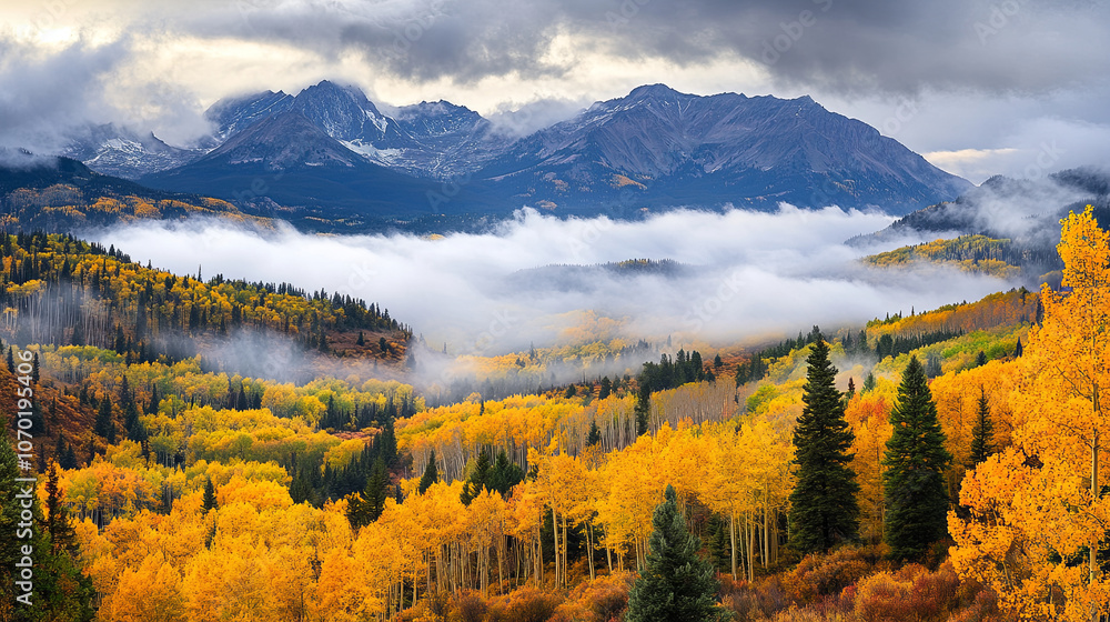 Golden hued autumn mountains with low hanging clouds create serene landscape. vibrant yellow foliage contrasts beautifully with majestic peaks Golden hued autumn mountains with low hanging clouds create serene landscape. vibrant yellow foliage contrasts beautifully with majestic peaks