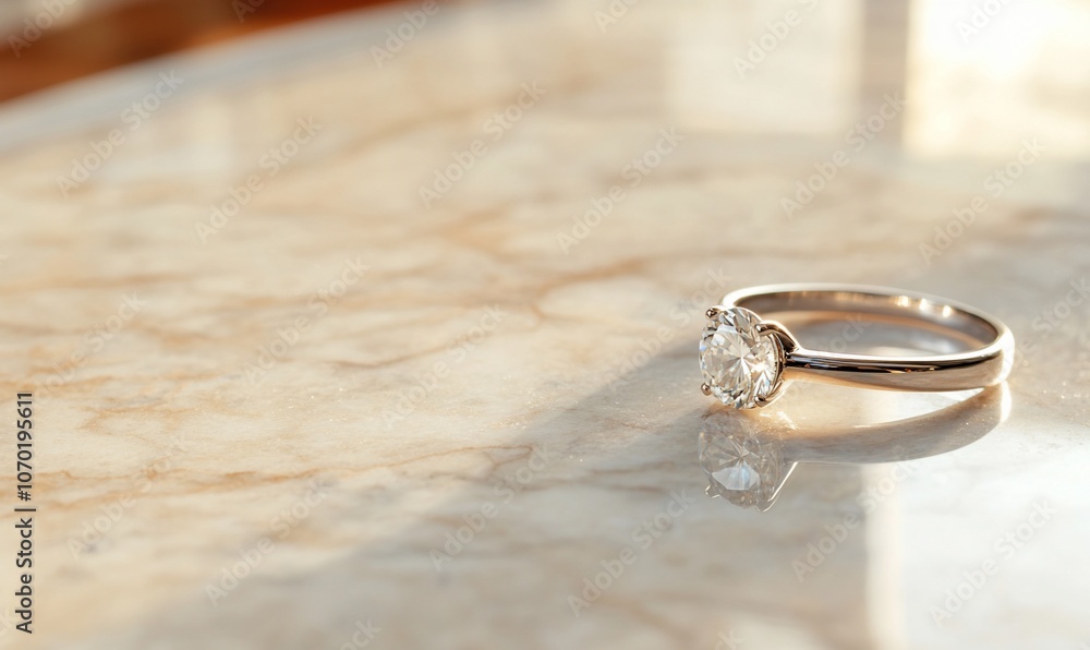 A classic diamond engagement ring sits on a marble surface, reflecting the sunlight. A classic diamond engagement ring sits on a marble surface, reflecting the sunlight.