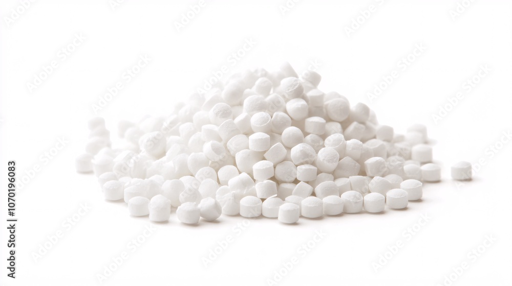 Pile of White Sweetener Pellets on White Background Pile of White Sweetener Pellets on White Background