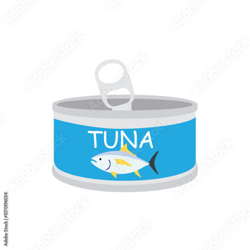 Canned tuna can with tuna fish isolated on white background. Seafood. Vector illustration