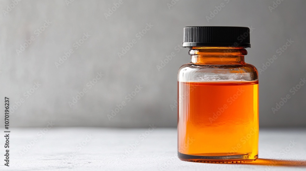 Amber Bottle with Orange Liquid on White Table Amber Bottle with Orange Liquid on White Table