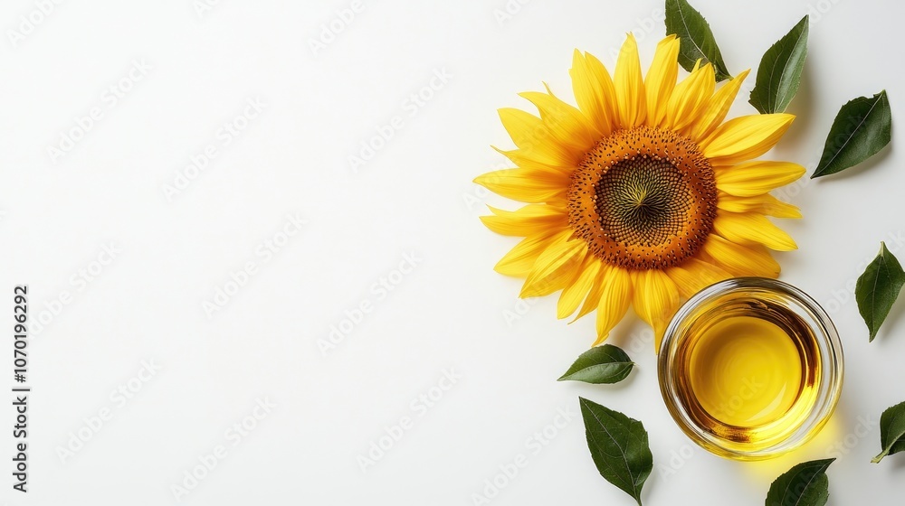 Obraz premium Top view of sunflower oil on a clean white background, highlighting the rich texture of sunflower oil. Ideal composition with ample copy space for text and branding.