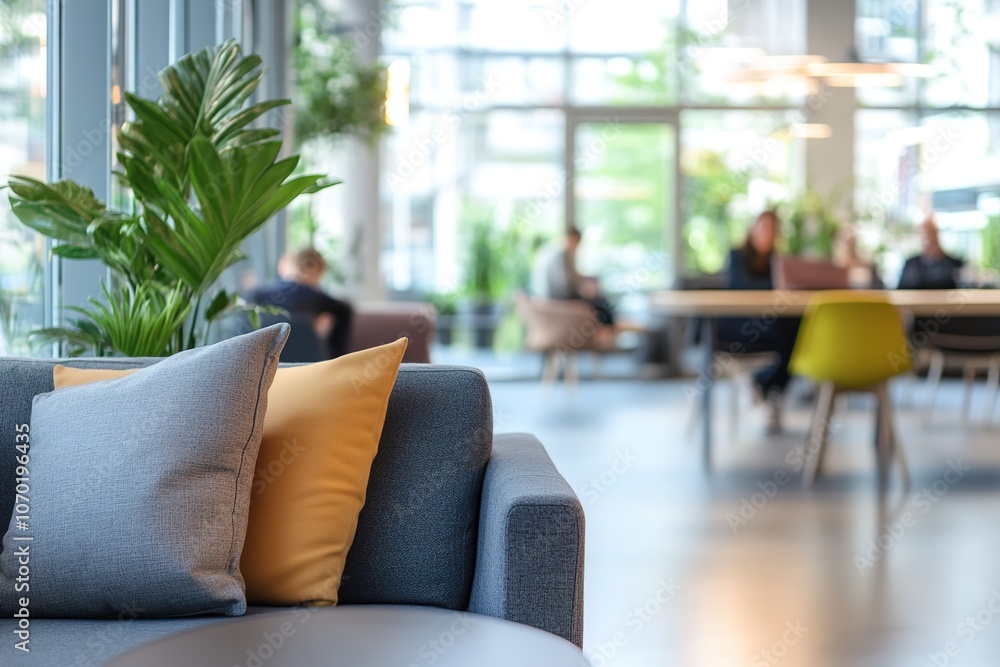 Cozy office lounge space with modern design and plants Cozy office lounge space with modern design and plants