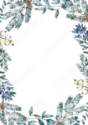 Winter-themed botanical border filled with blue and green plants. Evergreen branches with snow and berries frame. Christmas card design.