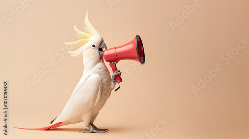 humorous image of a white cockatoo holding a red megaphone against a beige background, ideal for marketing, communication, and advertising projects focused on playful, attention-grabbing visuals photo