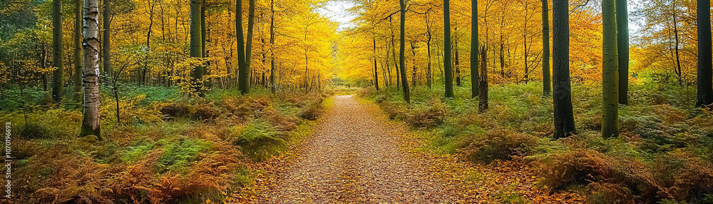Bright yellow birch trees line serene path in autumn forest, creating vibrant and peaceful atmosphere. golden leaves contrast beautifully with earthy tones of ground Bright yellow birch trees line serene path in autumn forest, creating vibrant and peaceful atmosphere. golden leaves contrast beautifully with earthy tones of ground