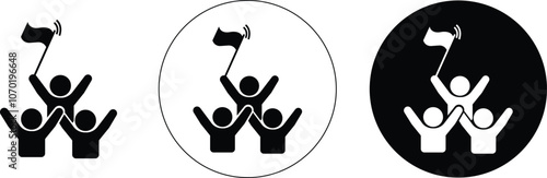 Team success victory flag icons set in flat styles. Teamwork, goal achievement and flag as symbols of success and heights. People raise a flag together vectors isolated on transparent background.