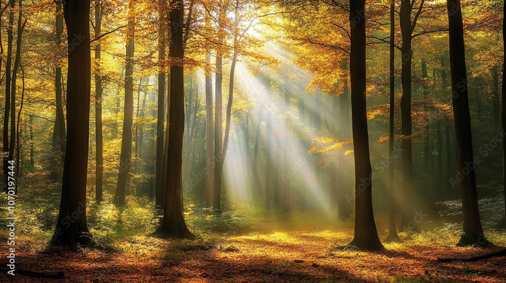 Fototapeta premium dense forest with tall autumn trees, sunlight streaming through leaves, creating serene atmosphere. vibrant colors evoke sense of peace and tranquility