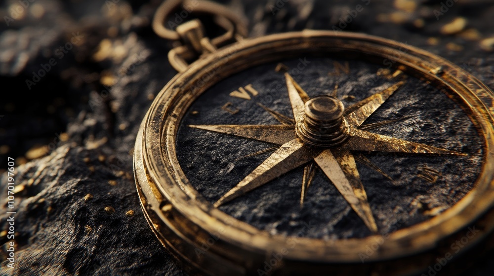 Close-up of an antique compass with a golden finish, resting on a dark, textured surface. Close-up of an antique compass with a golden finish, resting on a dark, textured surface.
