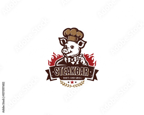 Set vintage pork steak grill pig hot barbecue logo template for food gourmet business