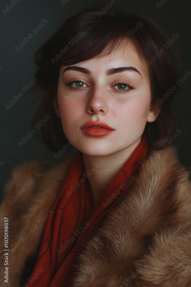 A woman with a red scarf and a fur coat. She has a green eye and a red lipstick A woman with a red scarf and a fur coat. She has a green eye and a red lipstick