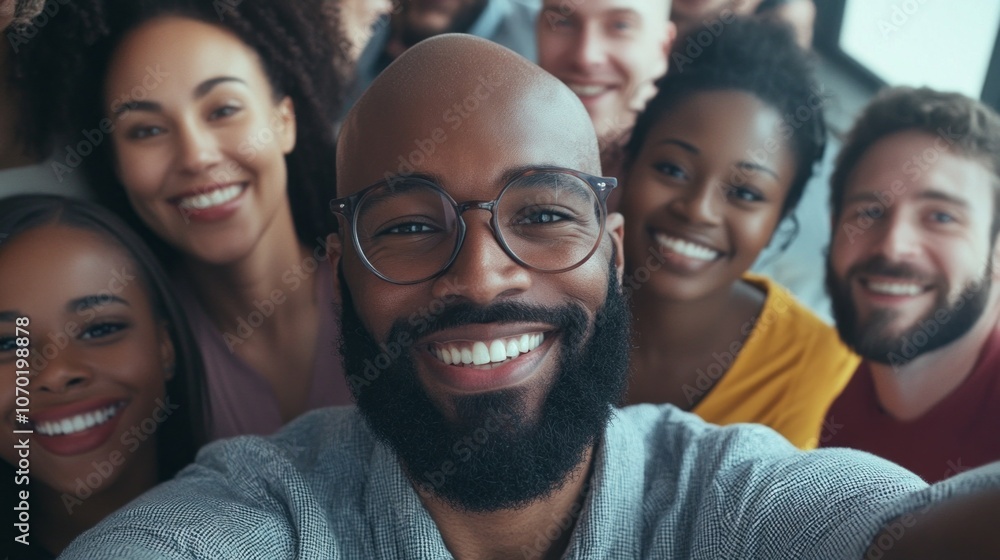 A group of people are smiling for a picture, including a man with glasses A group of people are smiling for a picture, including a man with glasses
