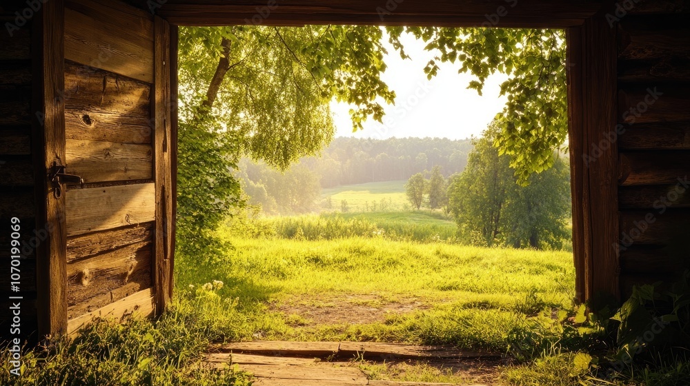 Morning view of a meadow from a rustic wooden hut, with lush greenery and natural light creating a serene atmosphere. Ideal photo style with ample copy space for text. Morning view of a meadow from a rustic wooden hut, with lush greenery and natural light creating a serene atmosphere. Ideal photo style with ample copy space for text.