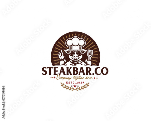 Set vintage pork steak grill pig hot barbecue logo template for food gourmet business