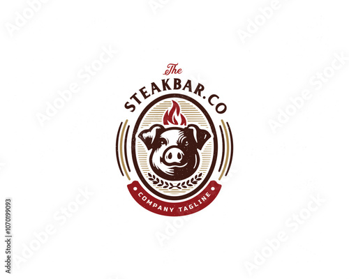 Set vintage pork steak grill pig hot barbecue logo template for food gourmet business