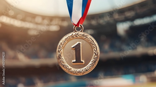 Gold Medal with Number One Hanging Against a Blurred Stadium Background photo