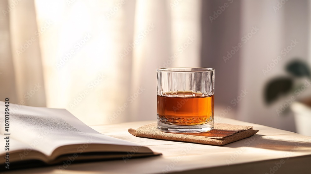 Glass of Whiskey with a Book in Sunlight Glass of Whiskey with a Book in Sunlight