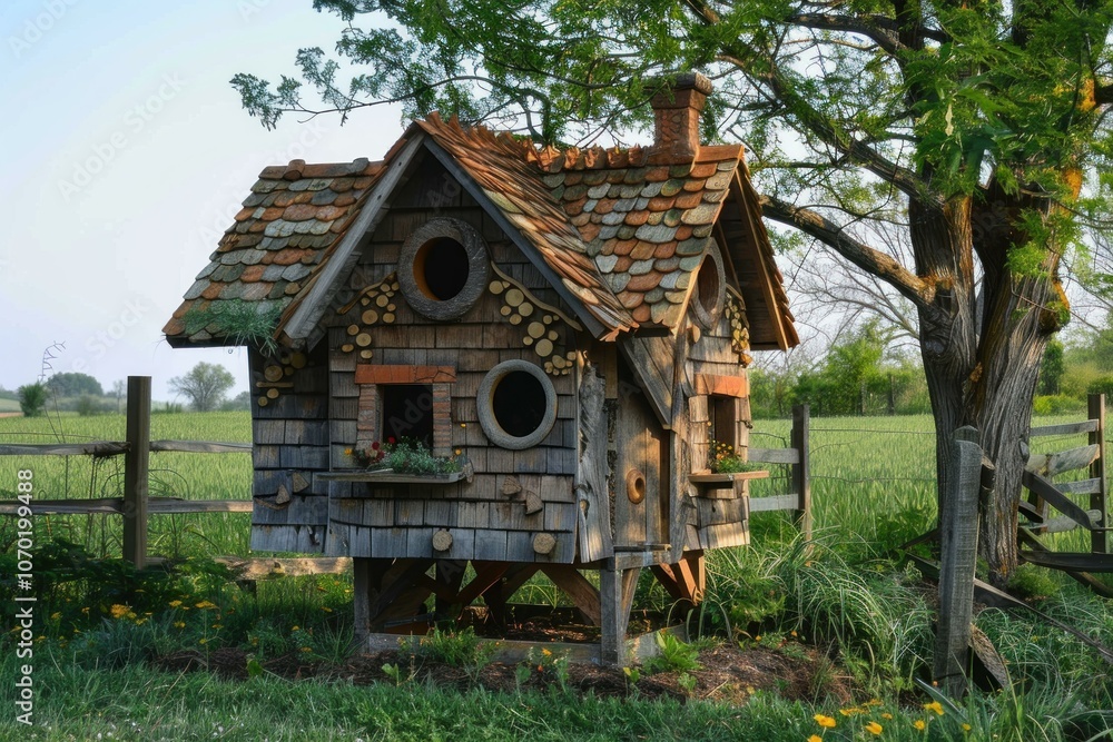 Charming birdhouse crafted from wood and tiles provides a haven for birds Charming birdhouse crafted from wood and tiles provides a haven for birds