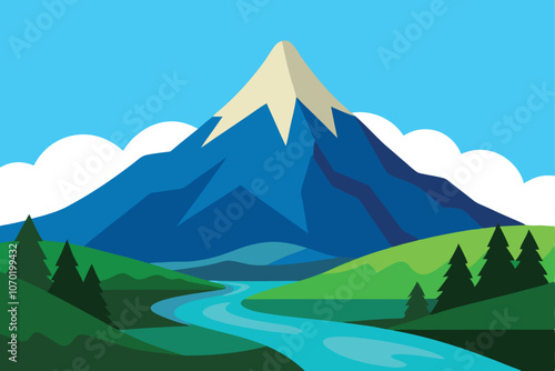 Beautiful mountain view. A large mountain surrounded by a river. Vector