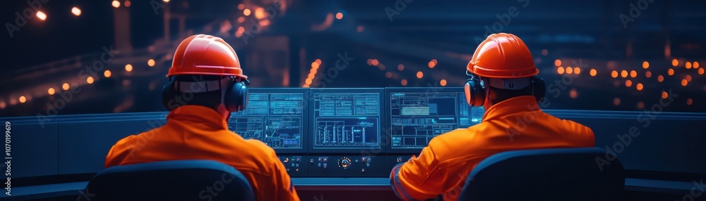 Technicians analyzing and monitoring a high-tech digital control panel in a modern facility. Technicians analyzing and monitoring a high-tech digital control panel in a modern facility.
