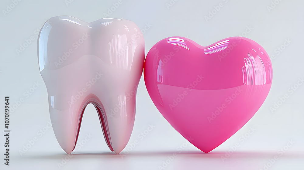 3d white shiny Tooth with pink Heart isolated on neutral background. Dentistry illustration that conveys love for healthy teeth. 3d white shiny Tooth with pink Heart isolated on neutral background. Dentistry illustration that conveys love for healthy teeth.