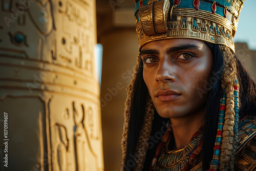 A man wearing a gold crown standing in front of a pillar photo